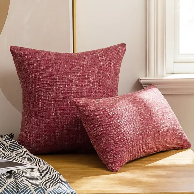 Two red textured linen cotton throw pillowcases with a subtle woven pattern for living room decorbites linen cotton decorbites linen cotton throw pillowcase