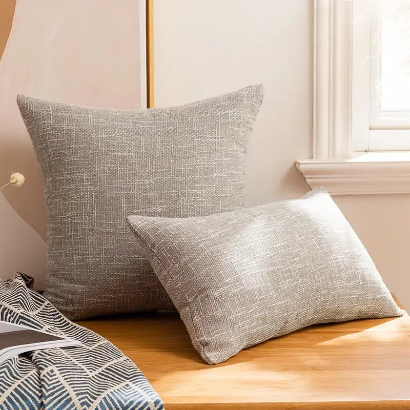 Two gray linen cotton throw pillowcases with textured woven pattern for living room decor by decorbites linen cotton