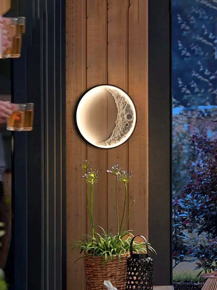 Textured crescent wall lamp with frosted glass face and warm glow for garden terrace decorbites crescent wall lighting