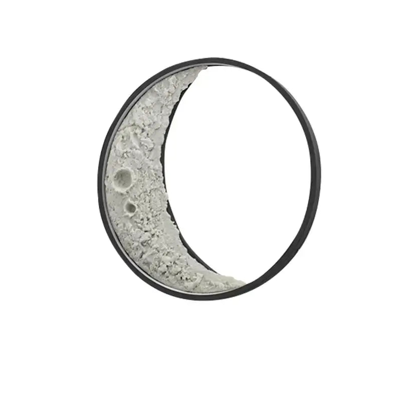 Textured moon crescent wall lamp with grayish-white lunar surface and black frame for garden terrace warm lighting decorbites crescent wall