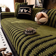 Textured olive and black striped knitted sofa cover with chunky knit pattern for living room slipcover use