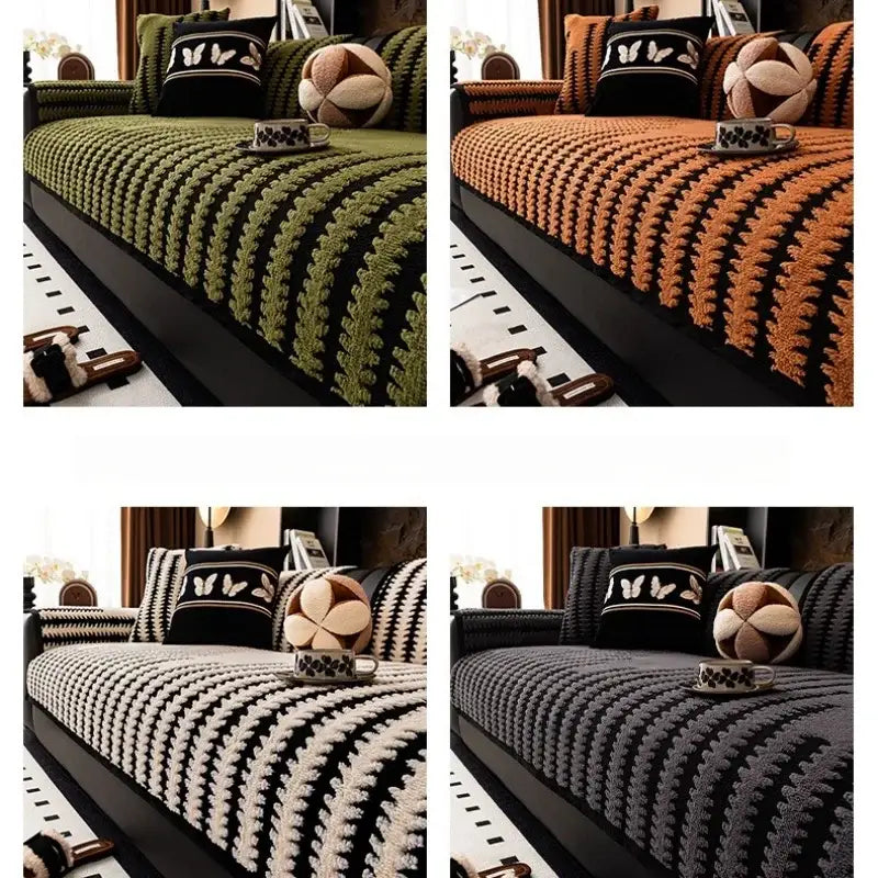 Textured olive green and black striped knitted sofa cover slipcover for living room with cozy knit material