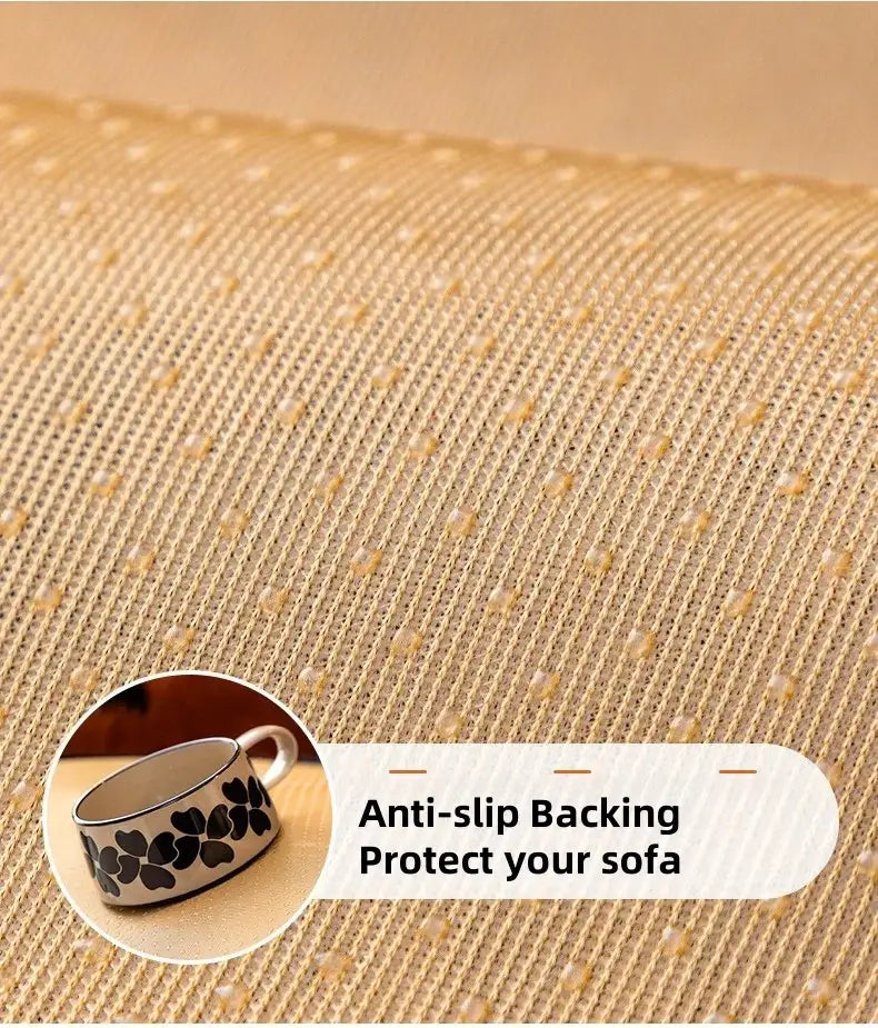 Beige textured sofa protector mat with clear anti slip dots for textured olive and black striped knitted sofa cover