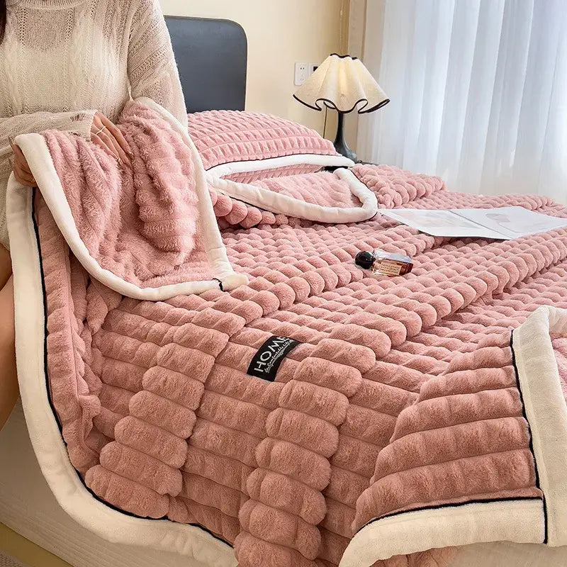 Textured pink and cream cozy flannel velvet blanket with raised pattern and fleece trim ideal for bedroom decorbites cozy flannel