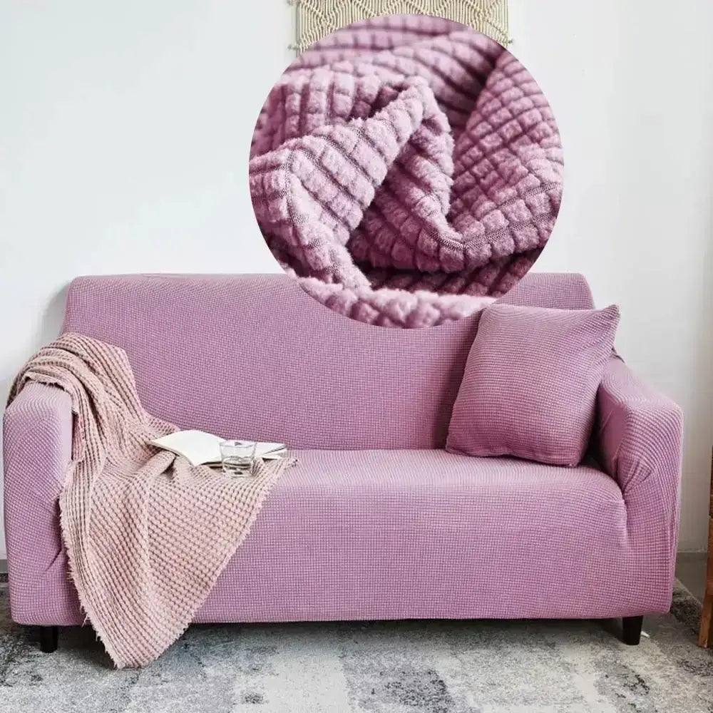 A lavender plush sofa slipcover with textured quilted pattern made from decorbites cozy fleece for living room furniture