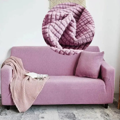 A lavender plush sofa slipcover with textured quilted pattern made from decorbites cozy fleece for living room furniture