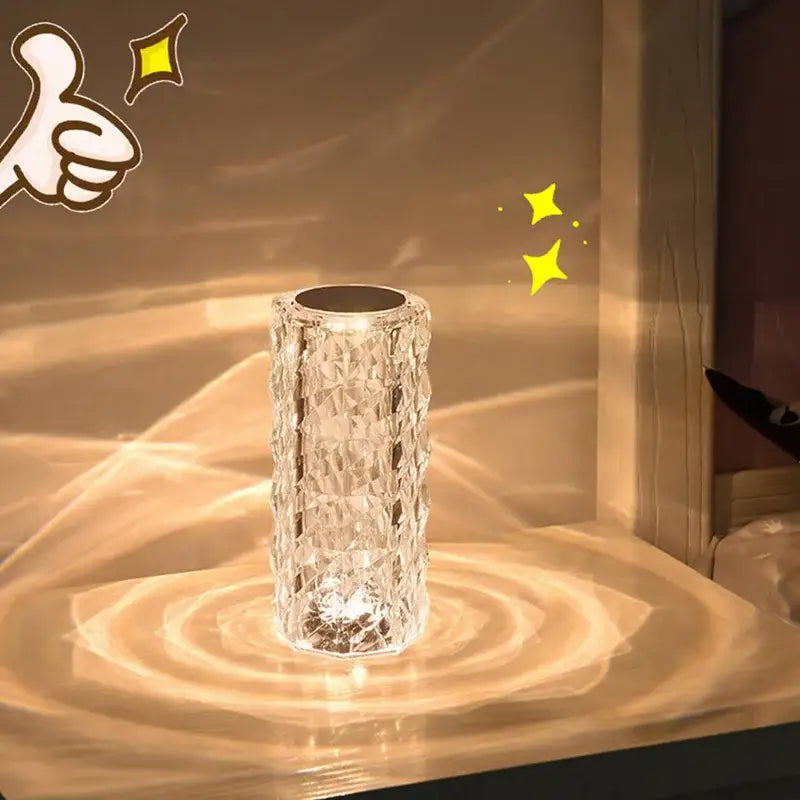 Clear faceted crystal led night light with sleek black top by decorbites for ambient bedroom decorbites crystal led use