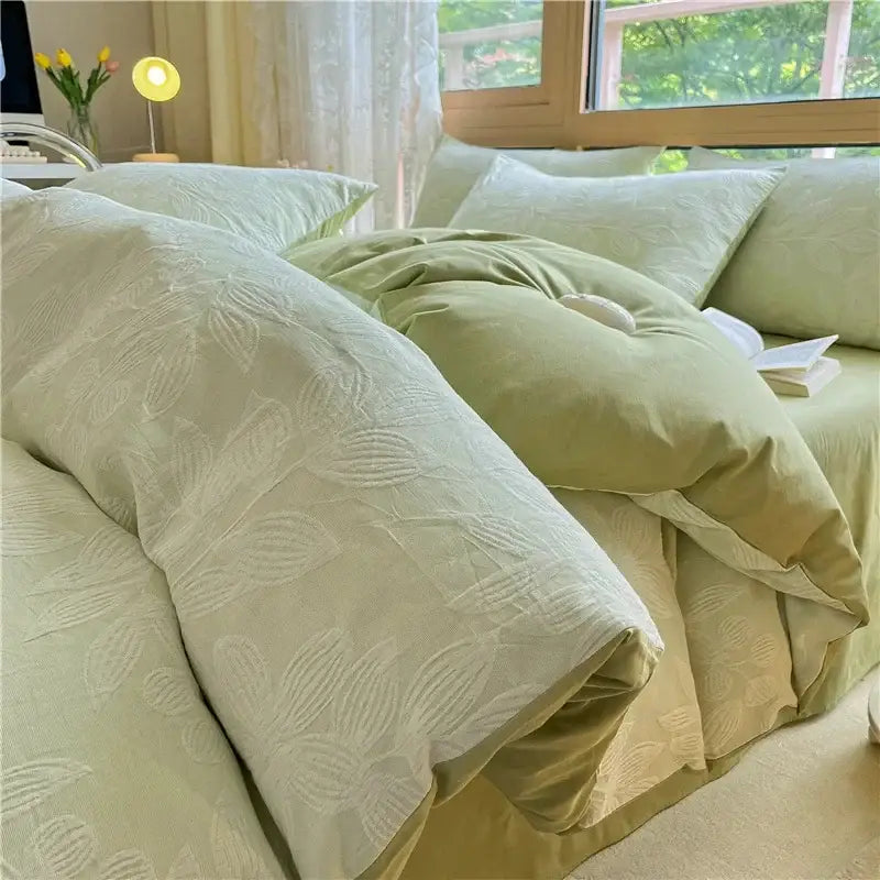 A soft sage green quilted duvet set with subtle leaf pattern in textured decorbites cotton three-layer bedding set