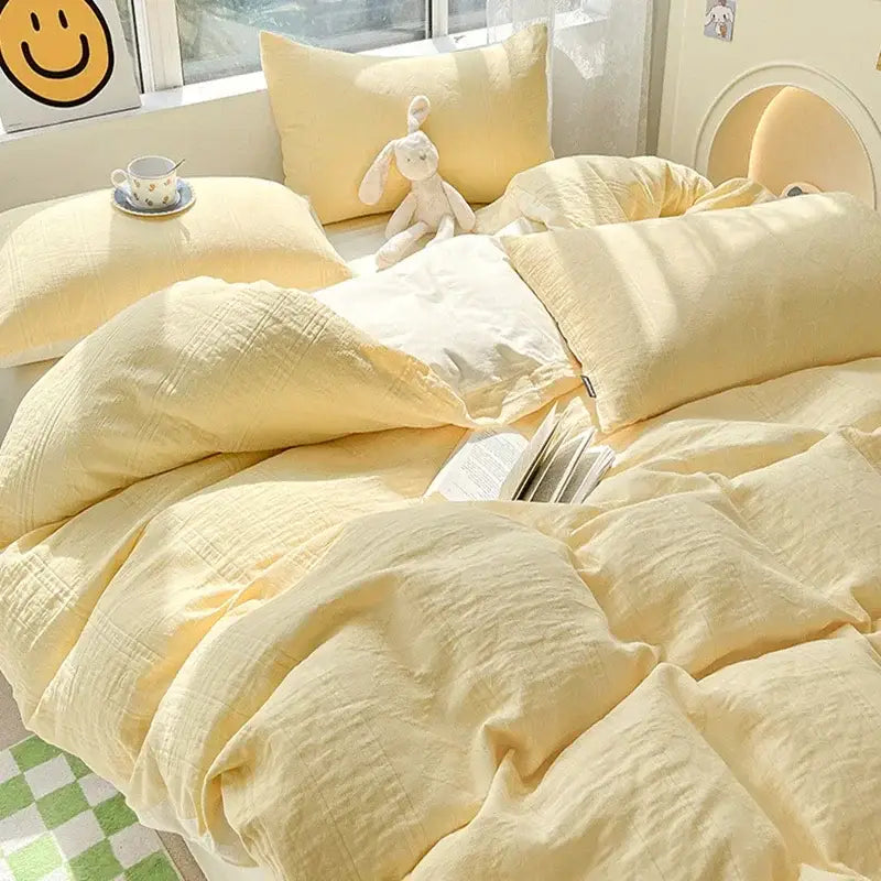 Soft pale yellow textured soft yellow cotton bedding set with subtle weave from decorbites cotton three-layer collection