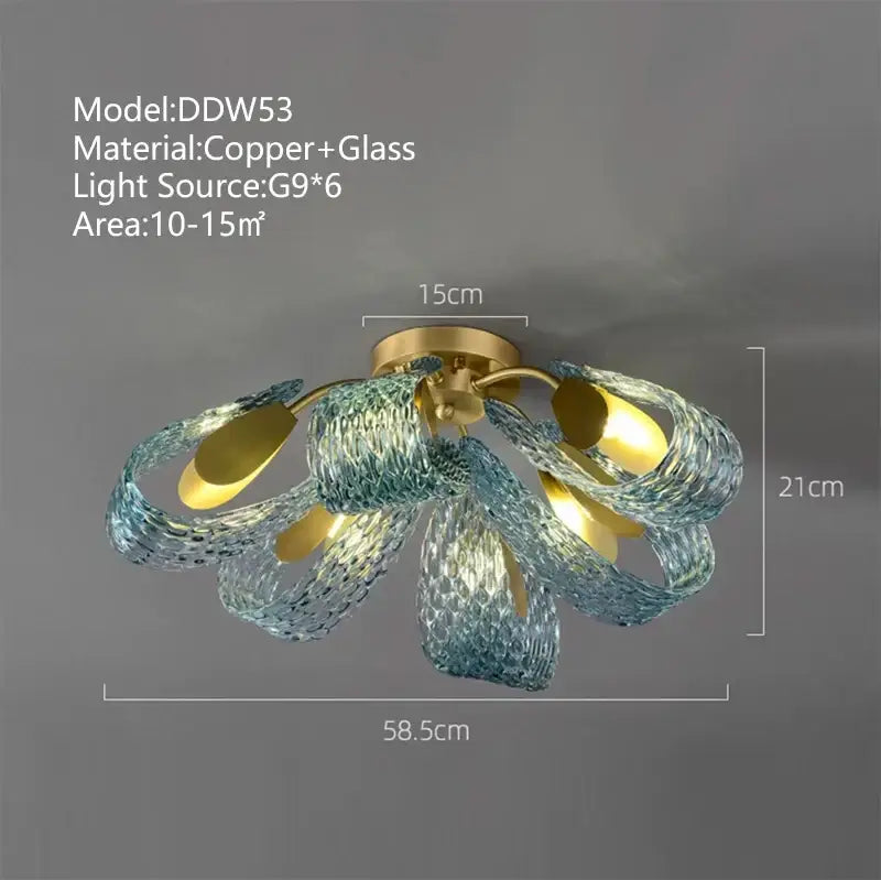 A modern wall sconce with textured turquoise blue glass luxury petals and a copper base featuring six g9 bulbs