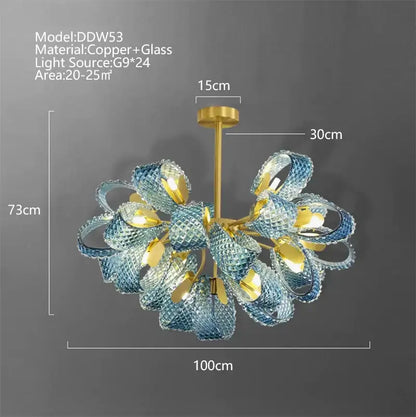 A modern wall sconce with gold-finished copper frame and intricate blue glass luxury petals by decorbites