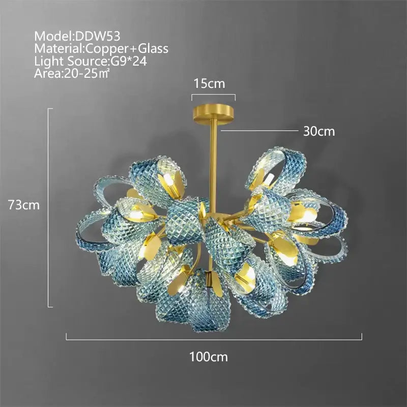 A modern wall sconce with gold-finished copper frame and intricate blue glass luxury petals by decorbites