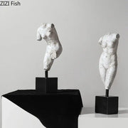 Two white textured resin female torso art resin sculptures on black bases for living room decorbites body art decor