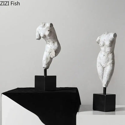 Two white textured resin female torso art resin sculptures on black bases for living room decorbites body art decor