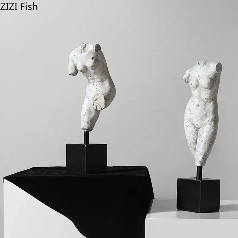 Two white textured resin female torso art resin sculptures on black bases for living room decorbites body art decor