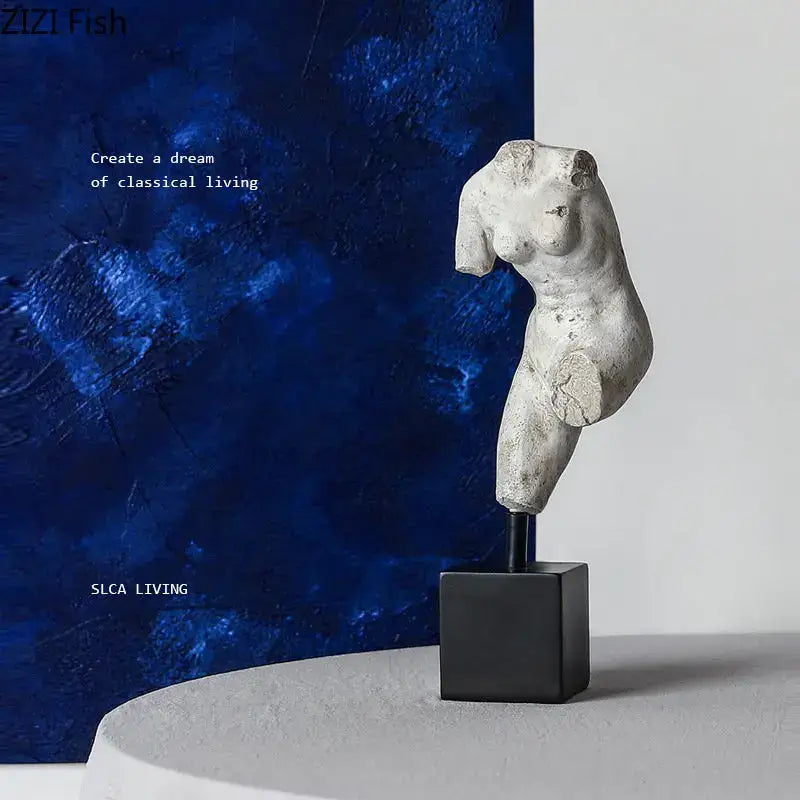 A weathered white plaster body art resin sculpture of a classical female torso on a black base for living room decorbites body art