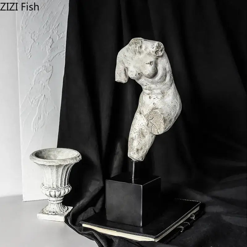 Weathered gray female torso sculpture on black base decorbites body art resin art resin sculpture for living room decor