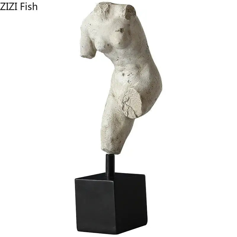 A weathered off-white body art resin sculpture with textured female torso on a black base for living room decorbites decor