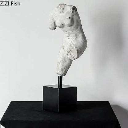 White textured body art resin sculpture of female torso on black base for living room decorbites body art decor