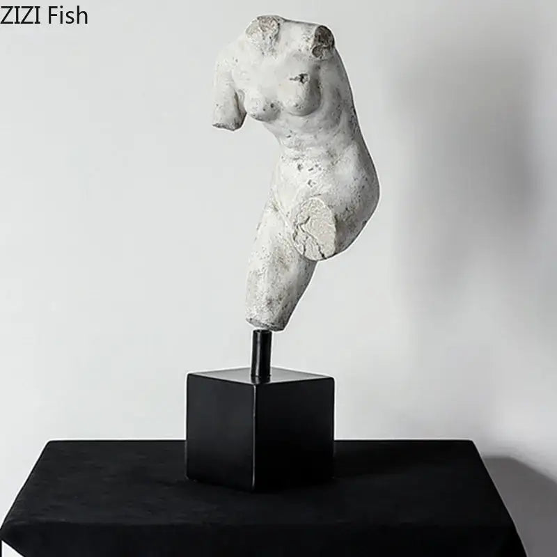 White textured body art resin sculpture of female torso on black base for living room decorbites body art decor