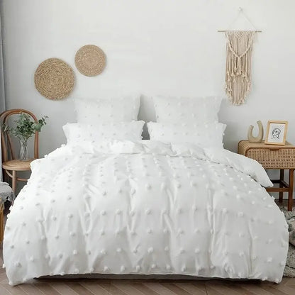 Textured white furball double bed duvet set featuring a soft pom-pom embellished duvet cover for decorbites furball double