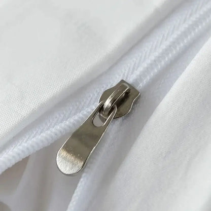 Silver-toned metal zipper pull on white textured furball double bed duvet set fabric decorbites furball double bedding