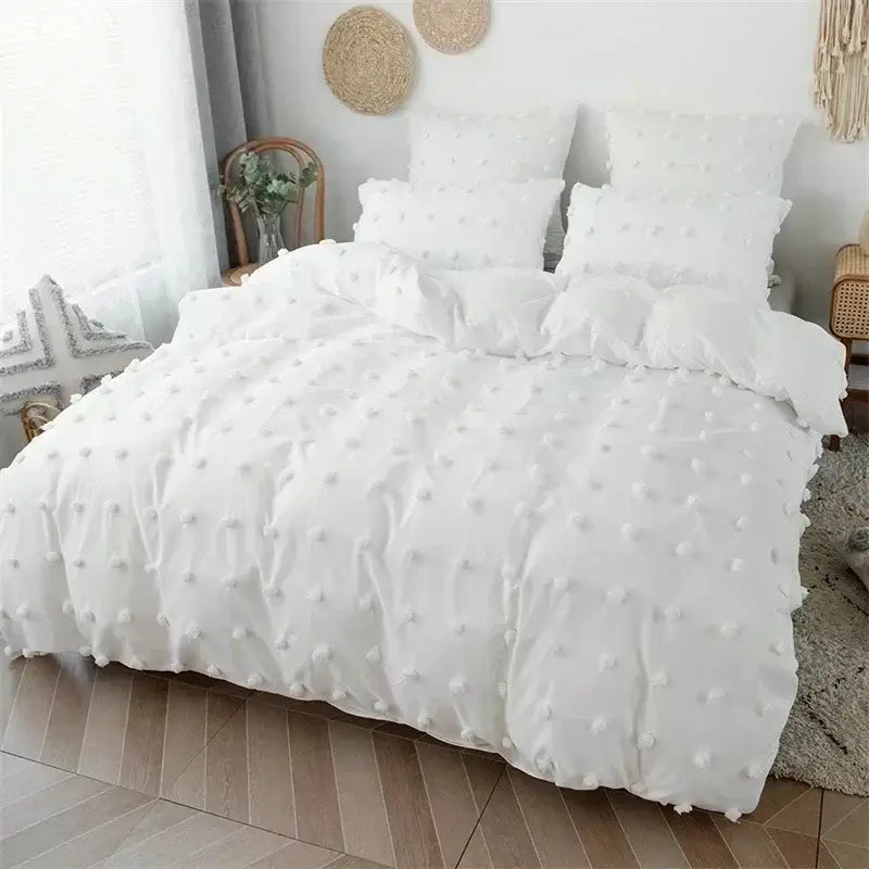 Textured white pom pom quilt cover set with soft fluffy embellishments ideal for bedroom bedding cover set