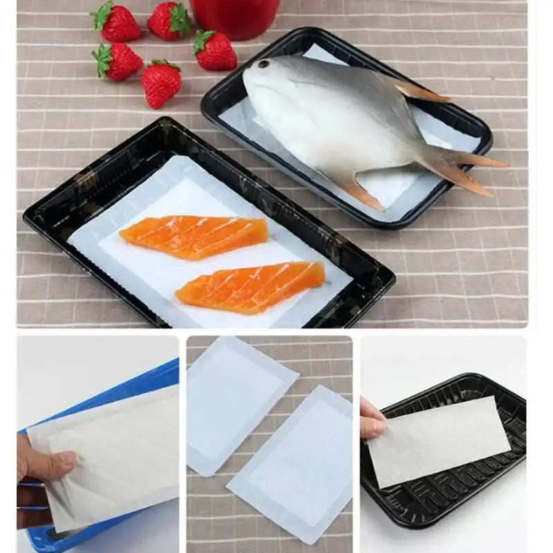 White paper liners in black trays designed for fish packaging as decorbites kitchen absorbent pads 100pcs