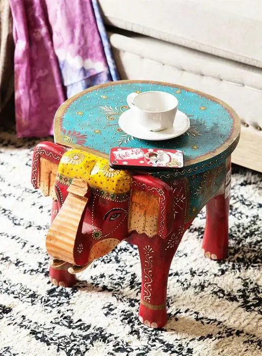 Thai style ethnic decorbites handmade elephant stool with turquoise top red legs and gold detailed patterns for living room decor