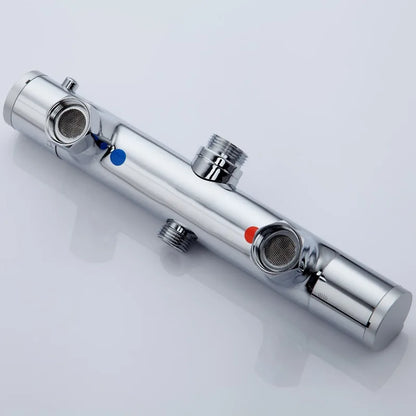 Chrome thermostatic bathtub shower faucet mixer valve with blue and red hot cold indicator dots wall mounted