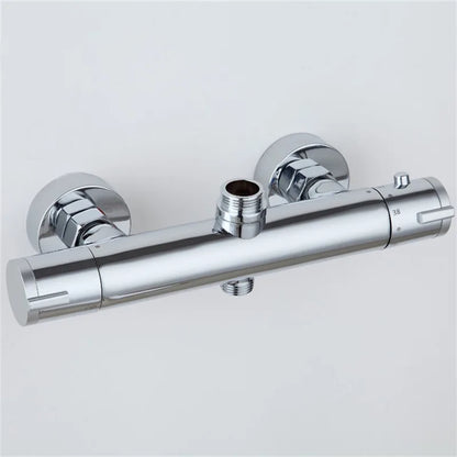 Chrome thermostatic bathtub shower faucet with dual handles, sleek cylindrical design, and integrated temperature control dial
