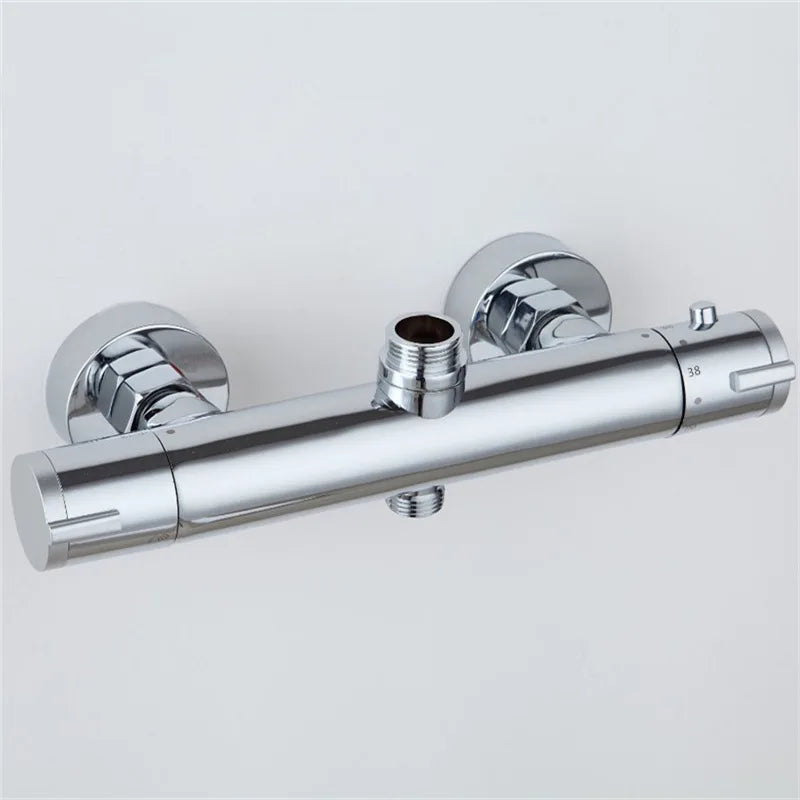 Chrome thermostatic bathtub shower faucet with dual handles, sleek cylindrical design, and integrated temperature control dial