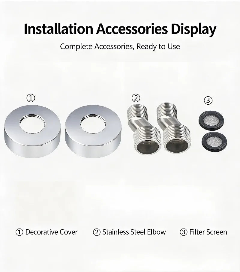 Shiny chrome-finished decorative covers for thermostatic bathtub shower faucet plumbing installation