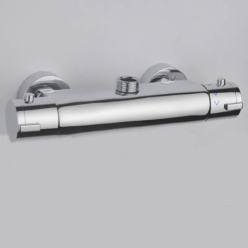 Thermostatic bathtub shower faucet chrome dual-handle wall mounted mixer with sleek modern design and temperature control knobs