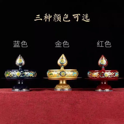Three ornate blue gold and red hand-painted cloisonné manda pan prayer wheels for tea pan decorbites cloisonné manda decor