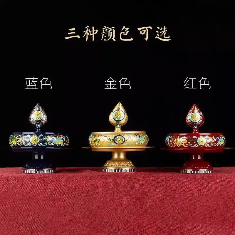 Three ornate blue gold and red hand-painted cloisonné manda pan prayer wheels for tea pan decorbites cloisonné manda decor