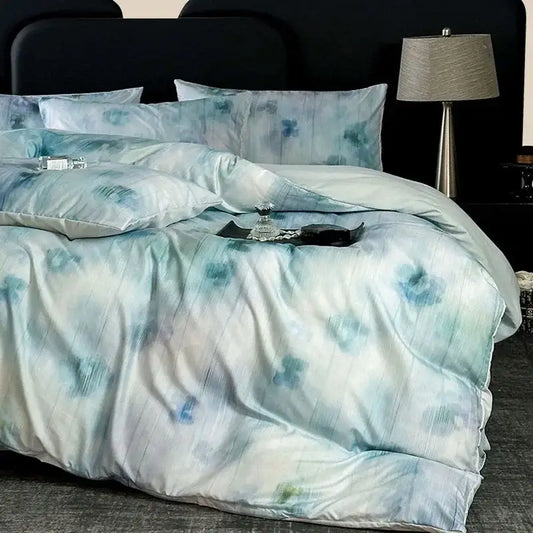 Light blue and white tie dye cotton bedding set with a soft satin finish from decorbites cotton bedding collection