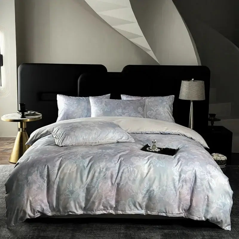 Luxurious silver-gray floral satin duvet set with matching pillows on black frame for decorbites cotton bedding set