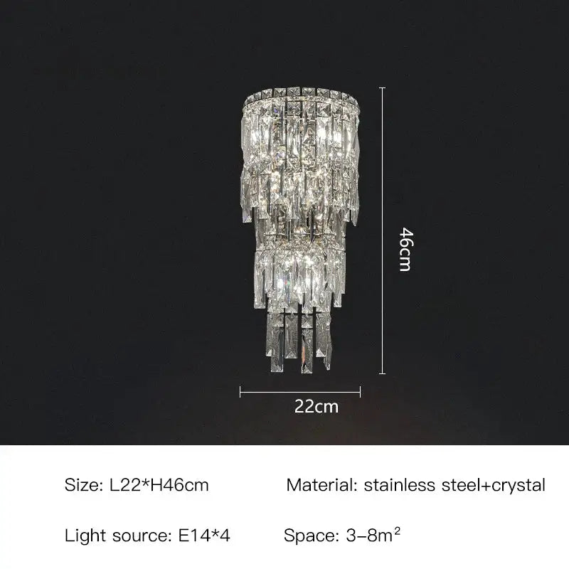 Elegant tiered crystal wall light with cascading clear crystals and sleek stainless steel frame for luxury decorbites crystal wall light