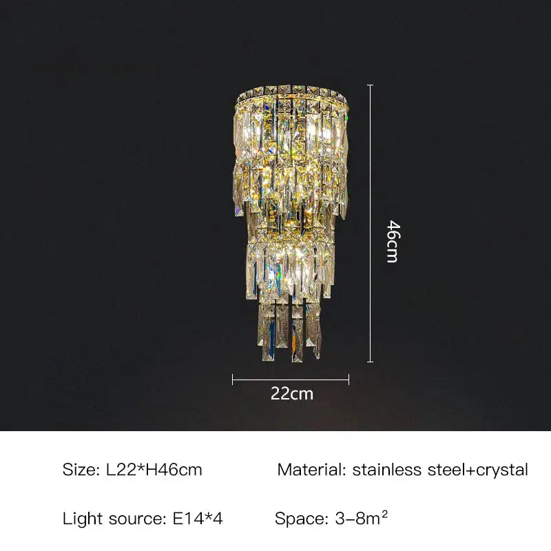 Elegant tiered cascading crystal wall light with clear iridescent prisms in polished stainless steel frame decorbites crystal wall