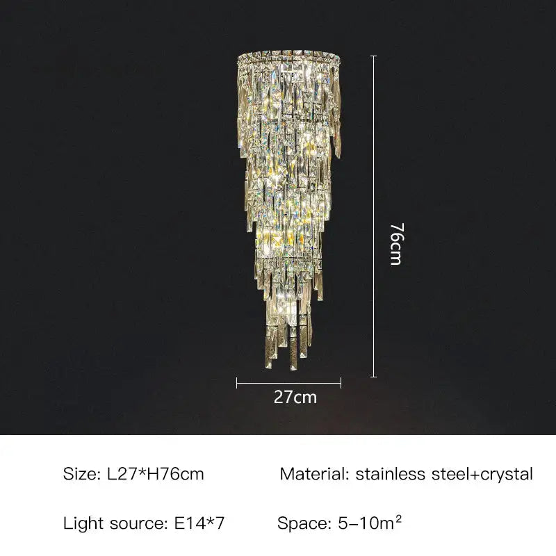 Elegant tiered cascading crystal wall light with clear prisms and stainless steel frame for luxury living room decorbites wall light