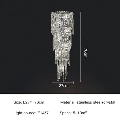 A tall elegant tiered cascading crystal wall light with clear glass prisms and stainless steel frame for luxury decorbites crystal wall decor