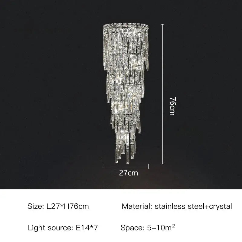 A tall elegant tiered cascading crystal wall light with clear glass prisms and stainless steel frame for luxury decorbites crystal wall decor
