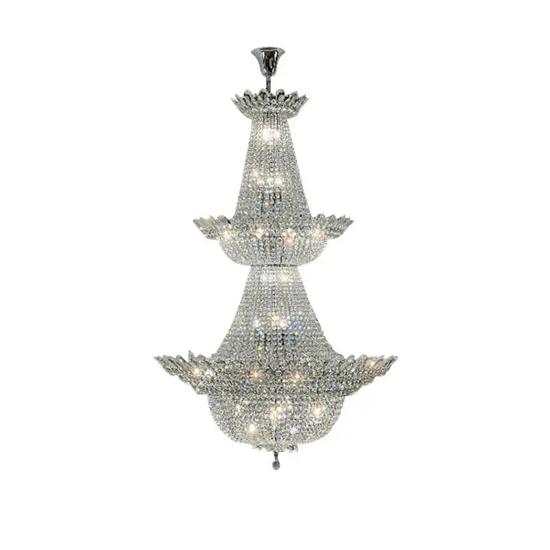 A multi-tiered crystal chrome led chandelier with cascading clear decorbites k9 crystal tiers for living room lighting