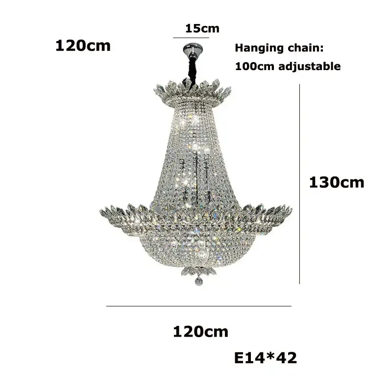 A tiered crystal chrome led chandelier with 42 e14 bulbs featuring decorbites k9 crystal for living room lighting