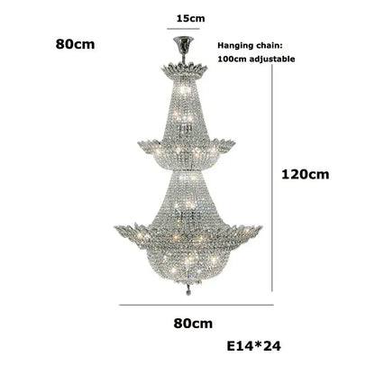 A three-tiered crystal chrome led chandelier with silver-toned frame and decorbites k9 crystal for living room lighting