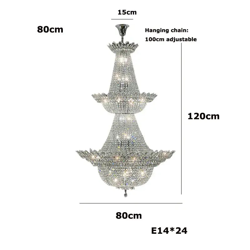 A three-tiered crystal chrome led chandelier with silver-toned frame and decorbites k9 crystal for living room lighting