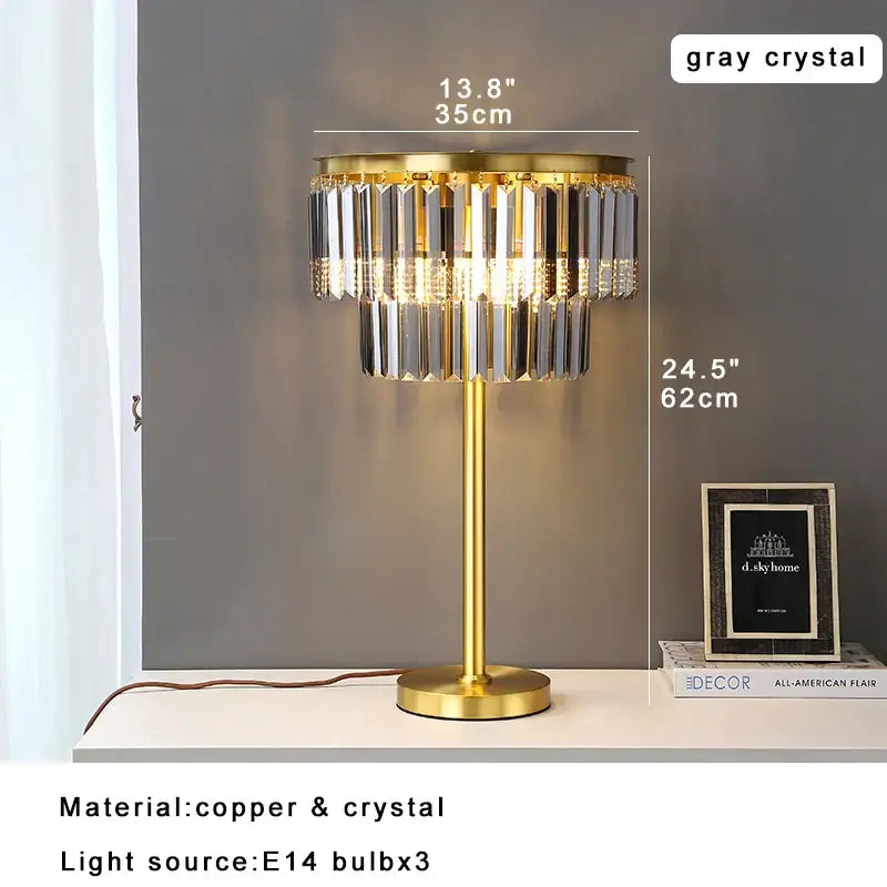 Elegant tiered gold and gray crystal table lamp with cascading prisms for bedroom nightstand decorbites crystal table lamp
