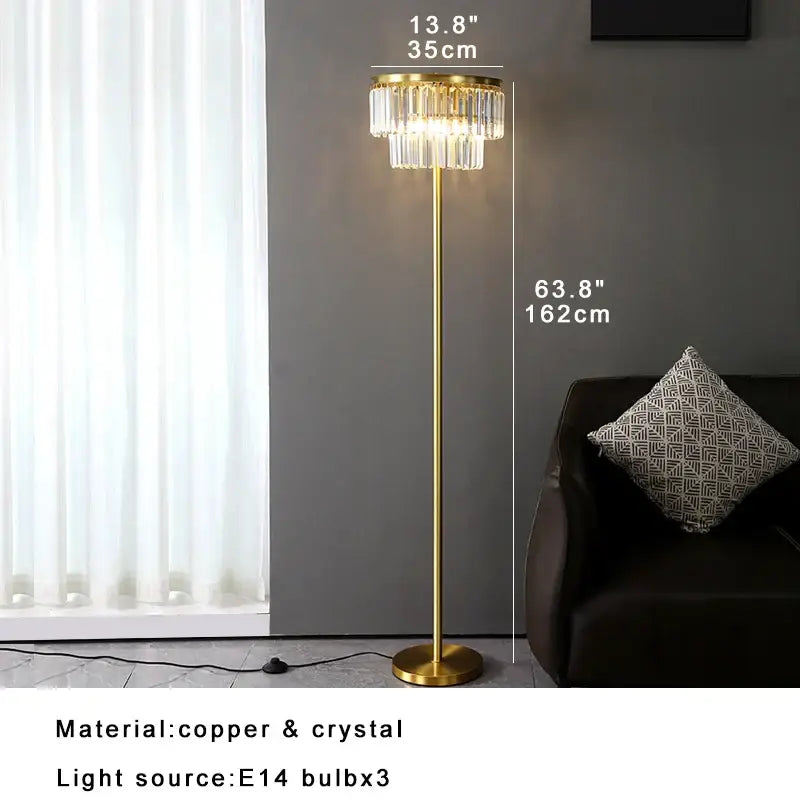 Gold-finished copper table lamp with tiered gray crystal chandelier head ideal for bedroom decorbites crystal table use