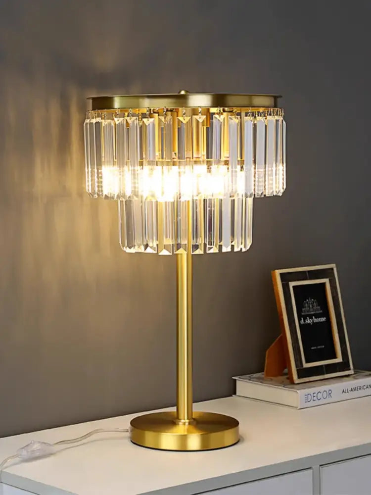 Tiered gold and gray crystal table lamp with cascading prisms for bedroom nightstand decorbites crystal table lamp